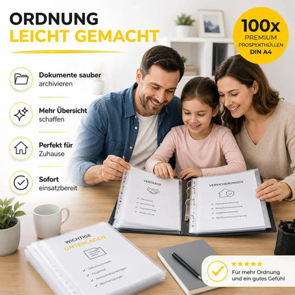 100x Prospekthüllen A4 zum Abheften Hefthüllen Klarsichthüllen mit Lochung transparente Folienhüllen