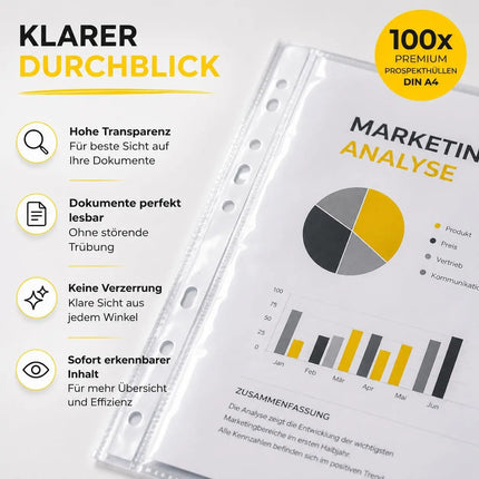 100x Prospekthüllen A4 zum Abheften Hefthüllen Klarsichthüllen mit Lochung transparente Folienhüllen