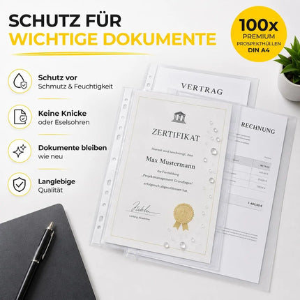 100x Prospekthüllen A4 zum Abheften Hefthüllen Klarsichthüllen mit Lochung transparente Folienhüllen