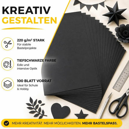 100x Tonpapier Schwarz DIN A4 220 g/m² – Bastelpapier & Tonkarton für Drucker, Schule, Büro – Verpackung 3