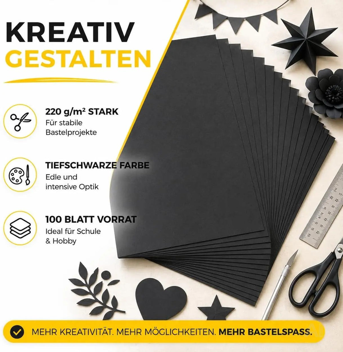 100x Tonpapier Schwarz DIN A4 220 g/m² – Bastelpapier & Tonkarton für Drucker, Schule, Büro – Verpackung 3