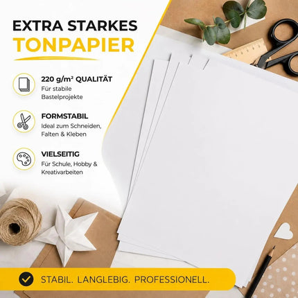 100x Tonpapier Weiß DIN A4 220 g/m² – Bastelpapier & Tonkarton für Drucker, Schule, Büro und Kreativprojekte (100x Tonpapier Weiß)