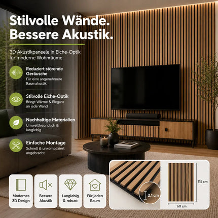10er Set Akustikpaneele 3D – 115 x 60 x 2,1 cm Wandpaneele zur Schalldämmung – Moderne Holzoptik für stilvolle Wandverkleidung & bessere Raumakustik (10er Set Walnuss)