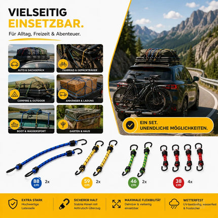 10x Allzweck-Expander & Gepäckspanner Set in versch. Längen für Camping & Auto & Fahrrad - Spanngurte & Spanngummi