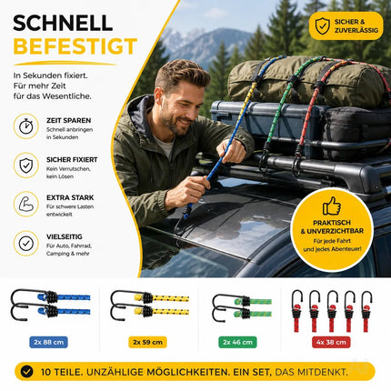 10x Allzweck-Expander & Gepäckspanner Set in versch. Längen für Camping & Auto & Fahrrad - Spanngurte & Spanngummi