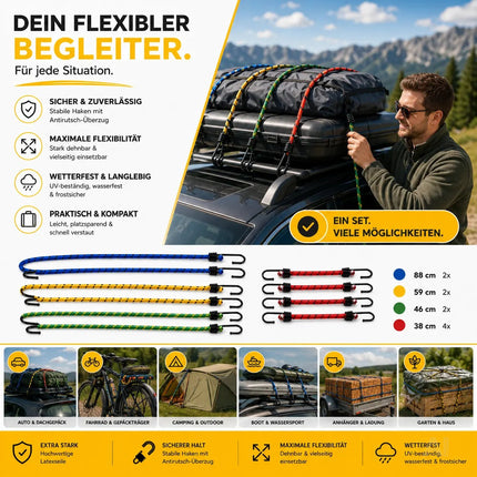 10x Allzweck-Expander & Gepäckspanner Set in versch. Längen für Camping & Auto & Fahrrad - Spanngurte & Spanngummi