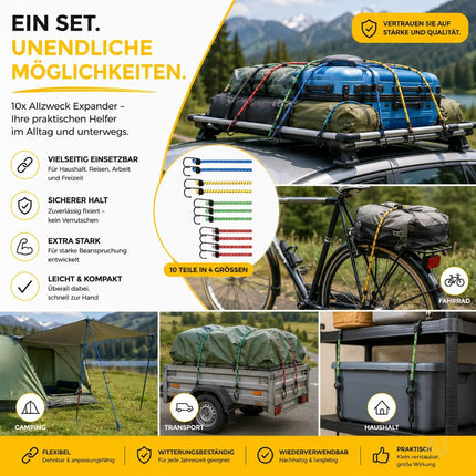 10x Allzweck-Expander & Gepäckspanner Set in versch. Längen für Camping & Auto & Fahrrad - Spanngurte & Spanngummi