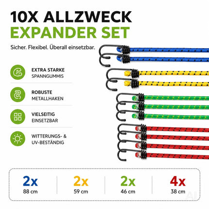 10x Expander & Gepäckspanner - Gummiseile mit Haken zur Befestigung