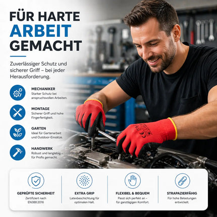 10x Paar Arbeitshandschuhe Herren EN388 rot - Extra Power Grip – Gartenhandschuhe & Work Gloves für Montage, Mechaniker & Garten - Gr. 10-11 (L/ XL)