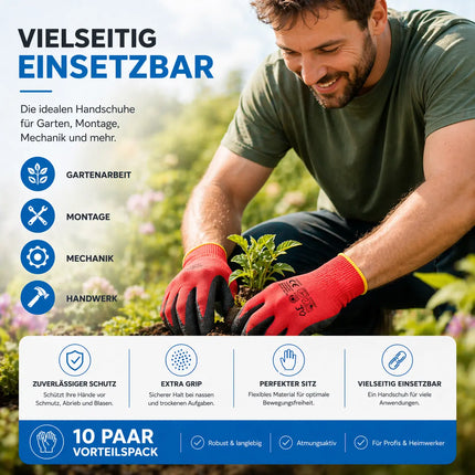 10x Paar Arbeitshandschuhe Herren EN388 rot - Extra Power Grip – Gartenhandschuhe & Work Gloves für Montage, Mechaniker & Garten - Gr. 10-11 (L/ XL)