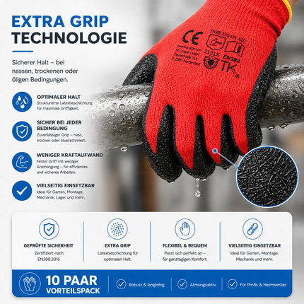 10x Paar Arbeitshandschuhe Herren EN388 rot - Extra Power Grip – Gartenhandschuhe & Work Gloves für Montage, Mechaniker & Garten - Gr. 10-11 (L/ XL)
