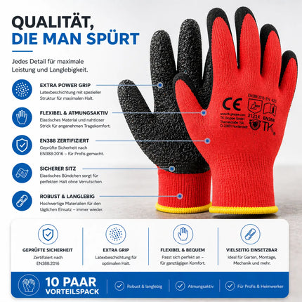 10x Paar Arbeitshandschuhe Herren EN388 rot - Extra Power Grip – Gartenhandschuhe & Work Gloves für Montage, Mechaniker & Garten - Gr. 10-11 (L/ XL)