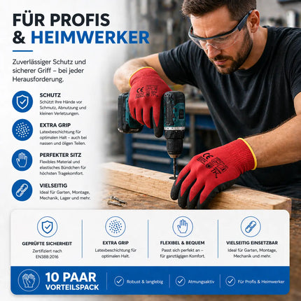 10x Paar Arbeitshandschuhe Herren EN388 rot - Extra Power Grip – Gartenhandschuhe & Work Gloves für Montage, Mechaniker & Garten - Gr. 10-11 (L/ XL)