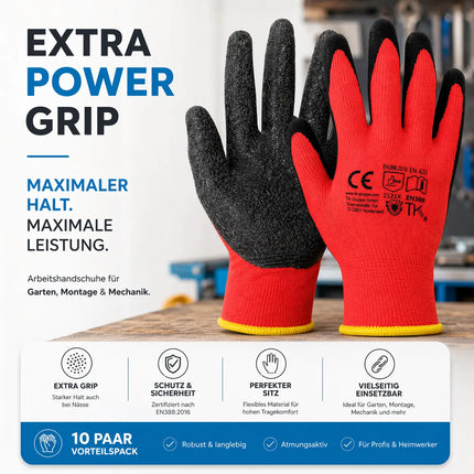 10x Paar Arbeitshandschuhe Herren EN388 rot - Extra Power Grip – Gartenhandschuhe & Work Gloves für Montage, Mechaniker & Garten - Gr. 10-11 (L/ XL)
