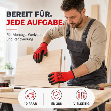 10x Paar Arbeitshandschuhe Herren EN388 rot - Extra Power Grip – Gartenhandschuhe & Work Gloves für Montage, Mechaniker & Garten - Gr. 10-11 (L/ XL)