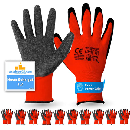 10x Paar Arbeitshandschuhe Herren EN388 rot - Extra Power Grip – Gartenhandschuhe & Work Gloves für Montage, Mechaniker & Garten - Gr. 8-9 (S/ M)