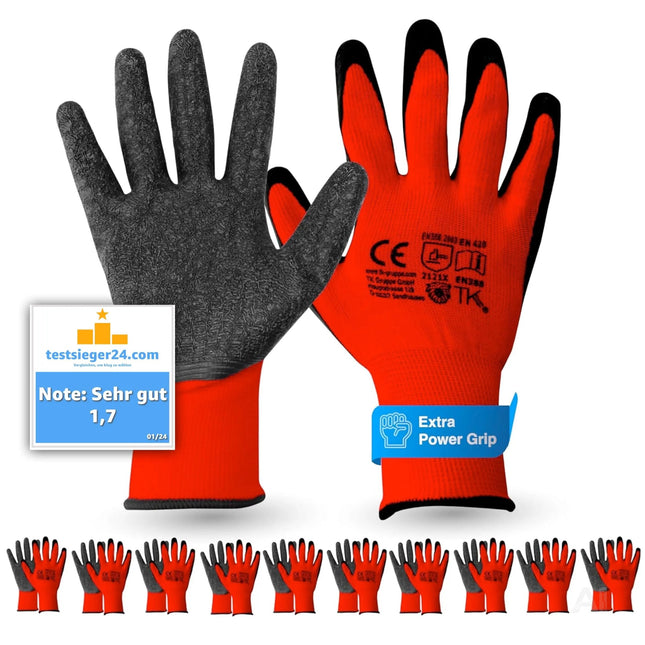 10x Paar Arbeitshandschuhe Herren EN388 rot - Extra Power Grip – Gartenhandschuhe & Work Gloves für Montage, Mechaniker & Garten - Gr. 8-9 (S/ M)