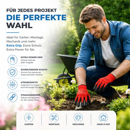 10x Paar Arbeitshandschuhe Herren EN388 rot - Extra Power Grip – Gartenhandschuhe & Work Gloves für Montage, Mechaniker & Garten - Gr. 8-9 (S/ M)
