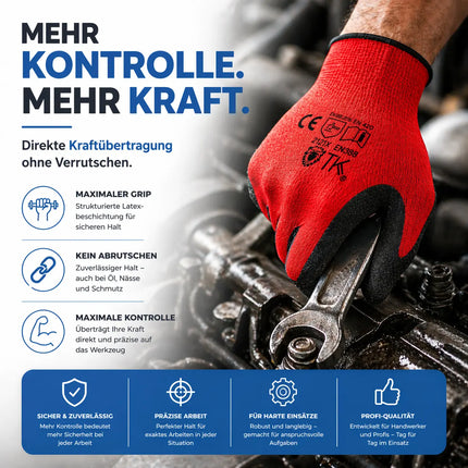 10x Paar Arbeitshandschuhe Herren EN388 rot - Extra Power Grip – Gartenhandschuhe & Work Gloves für Montage, Mechaniker & Garten - Gr. 8-9 (S/ M)