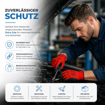10x Paar Arbeitshandschuhe Herren EN388 rot - Extra Power Grip – Gartenhandschuhe & Work Gloves für Montage, Mechaniker & Garten - Gr. 8-9 (S/ M)