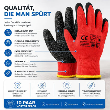 10x Paar Arbeitshandschuhe Herren EN388 rot - Extra Power Grip – Gartenhandschuhe & Work Gloves für Montage, Mechaniker & Garten - Gr. 8-9 (S/ M)