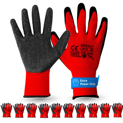 10x Paar Arbeitshandschuhe rot - Gartenhandschuhe für Herren & Damen EN388