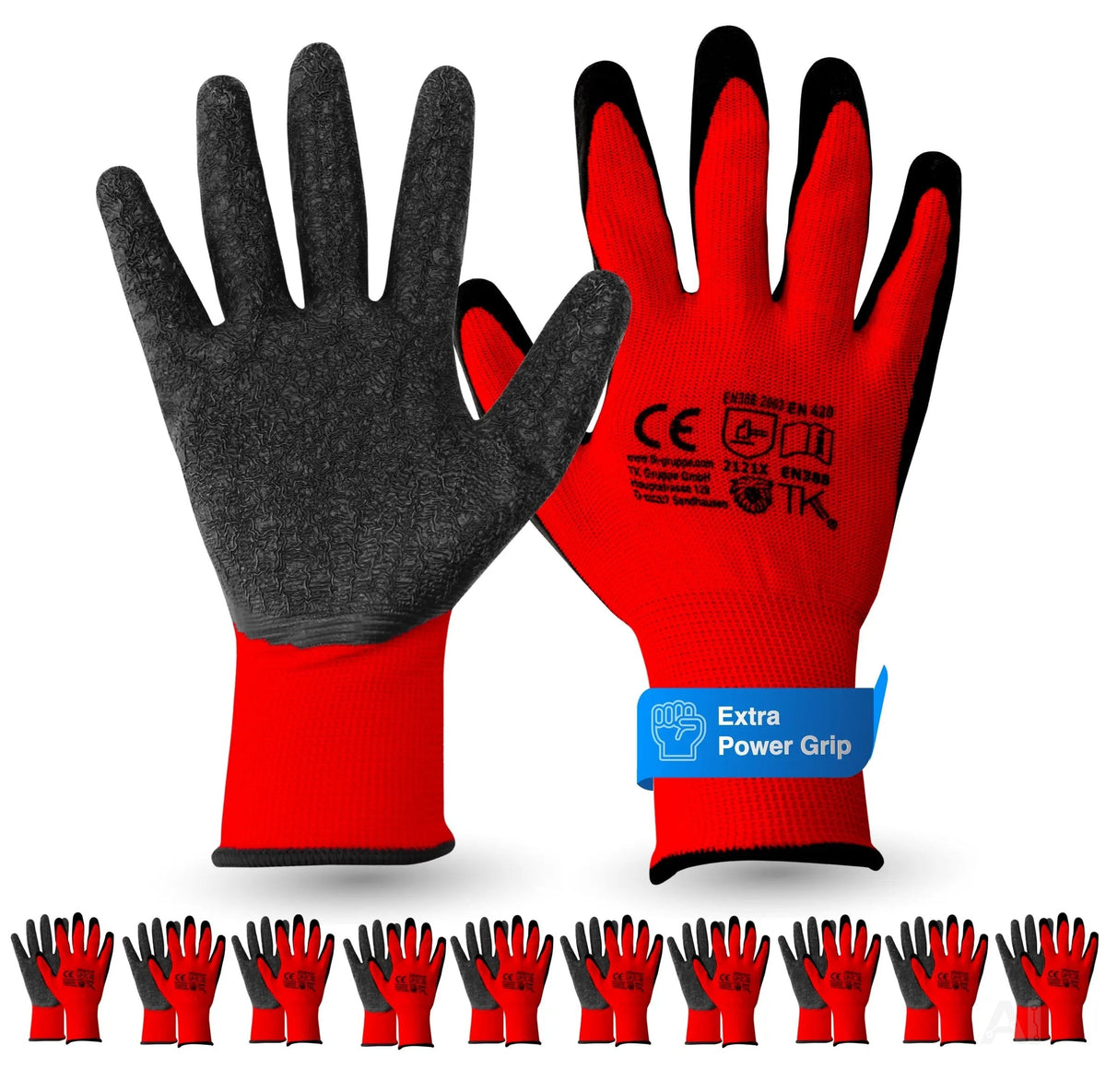 10x Paar Arbeitshandschuhe rot - Gartenhandschuhe für Herren & Damen EN388
