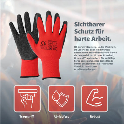 10x Paar Arbeitshandschuhe rot - Gartenhandschuhe für Herren & Damen EN388