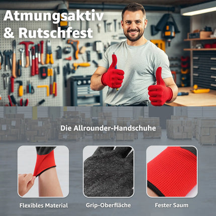 10x Paar Arbeitshandschuhe rot - Gartenhandschuhe für Herren & Damen EN388