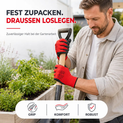 10x Paar Arbeitshandschuhe rot - Gartenhandschuhe für Herren & Damen EN388