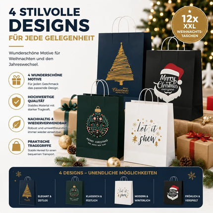 12 XXL Geschenktaschen Geschenktüten für Weihnachten: Große Weihnachtstüten ideal für Präsente & Geschenke Weihnachtstaschen
