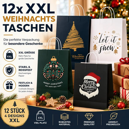 12 XXL Geschenktaschen Geschenktüten für Weihnachten: Große Weihnachtstüten ideal für Präsente & Geschenke Weihnachtstaschen