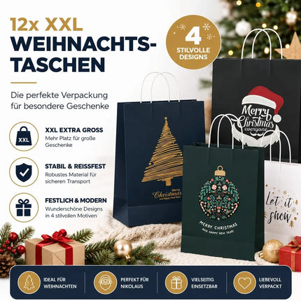 12 XXL Geschenktaschen Geschenktüten für Weihnachten: Große Weihnachtstüten ideal für Präsente & Geschenke Weihnachtstaschen