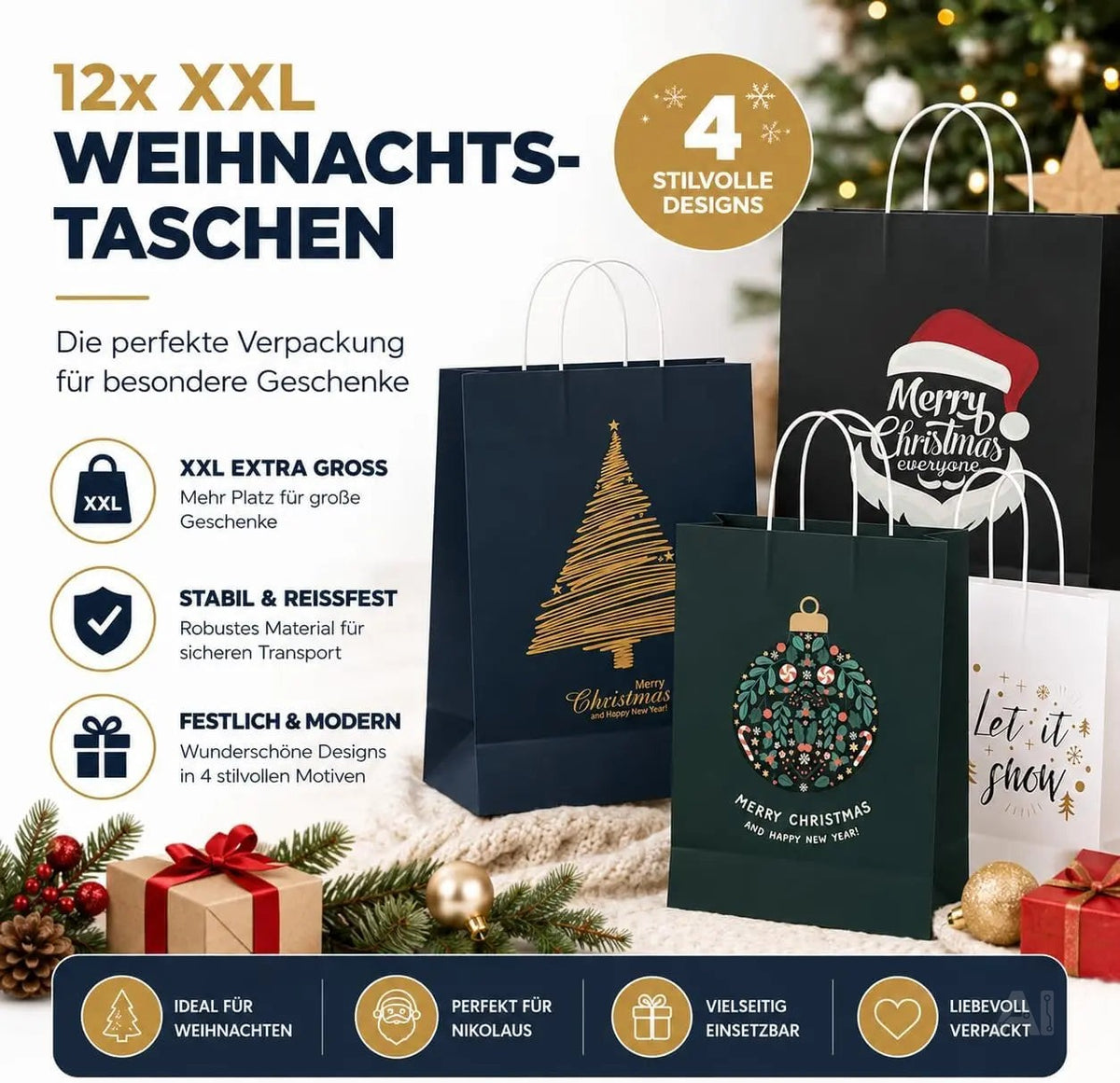 12 XXL Geschenktaschen Geschenktüten für Weihnachten: Große Weihnachtstüten ideal für Präsente – Detailansicht 5