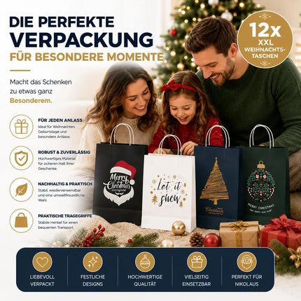 12 XXL Geschenktaschen Geschenktüten für Weihnachten: Große Weihnachtstüten ideal für Präsente & Geschenke Weihnachtstaschen