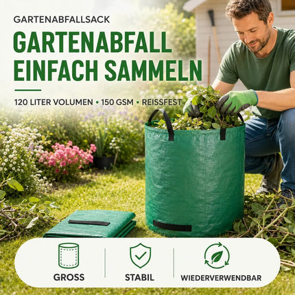 120 Liter Gartenabfallsack groß & reißfest – 150 GSM Laubsack aus Polypropylen – Gartensack für Laub, Rasenschnitt & Grünschnitt (120 Liter)