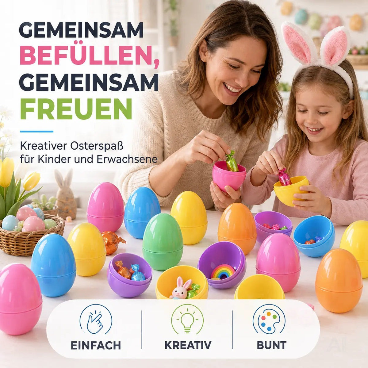 12x Ostereier zum befüllen - Bunte 6 cm Plastikeier Kunststoffeier Überraschungseier zum Öffnen – Detailansicht 2