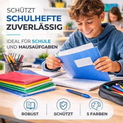 15 Stück bunte Hefthüllen A4 – Heftumschläge & Heftschoner für Schulhefte, Bücher & Schulbücher – Blickdicht und strapazierfähig (15x bunt)