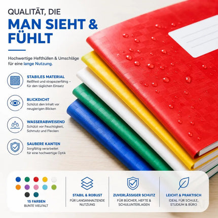 15 Stück bunte Hefthüllen A4 – Heftumschläge & Heftschoner für Schulhefte, Bücher & Schulbücher – Blickdicht und strapazierfähig (15x bunt)