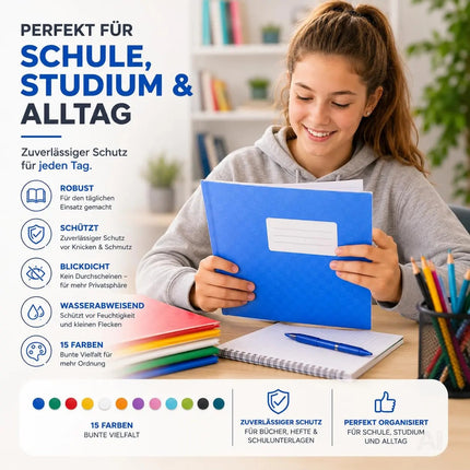 15 Stück bunte Hefthüllen A4 – Heftumschläge & Heftschoner für Schulhefte, Bücher & Schulbücher – Blickdicht und strapazierfähig (15x bunt)