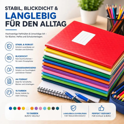 15 Stück bunte Hefthüllen A4 – Heftumschläge & Heftschoner für Schulhefte, Bücher & Schulbücher – Blickdicht und strapazierfähig (15x bunt)