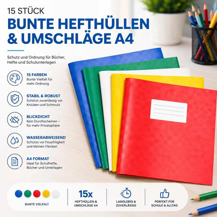 15 Stück bunte Hefthüllen A4 – Heftumschläge & Heftschoner für Schulhefte, Bücher & Schulbücher – Blickdicht und strapazierfähig (15x bunt)