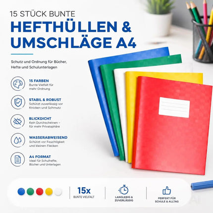 15 Stück bunte Hefthüllen A4 – Heftumschläge & Heftschoner für Schulhefte, Bücher & Schulbücher – Blickdicht und strapazierfähig (15x bunt)