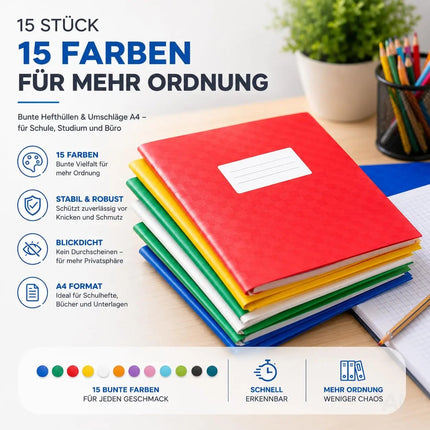 15 Stück bunte Hefthüllen A4 – Heftumschläge & Heftschoner für Schulhefte, Bücher & Schulbücher – Blickdicht und strapazierfähig (15x bunt)