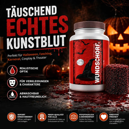 15 ml Kunstblut mit Wundschorf Schwamm Krustenblut - Fake Blood - Blut zum Schminken und Verkleiden and Halloween & Fasching - Abwaschbar & täuschend echt