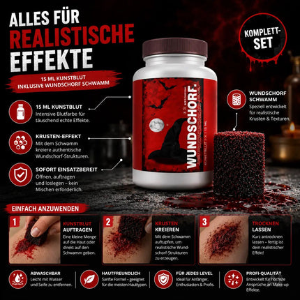 15 ml Kunstblut mit Wundschorf Schwamm Krustenblut - Fake Blood - Blut zum Schminken und Verkleiden and Halloween & Fasching - Abwaschbar & täuschend echt