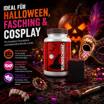 15 ml Kunstblut mit Wundschorf Schwamm Krustenblut - Fake Blood - Blut zum Schminken und Verkleiden and Halloween & Fasching - Abwaschbar & täuschend echt