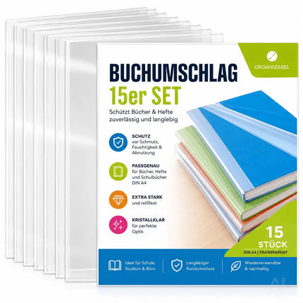 15x Buchumschlag DIN A4 transparent - Buchhülle & Umschlag durchsichtig & klar