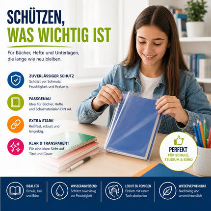 15x Buchumschlag DIN A4 transparent - Buchhülle & Umschlag durchsichtig & klar- für Bücher, Hefte, Buchschoner & Hefthülle
