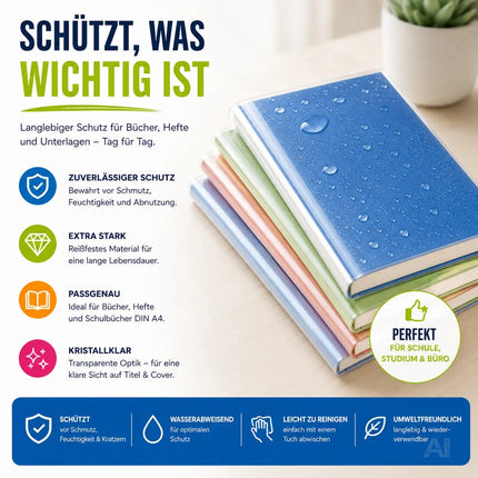 15x Buchumschlag DIN A4 transparent - Buchhülle & Umschlag durchsichtig & klar- für Bücher, Hefte, Buchschoner & Hefthülle